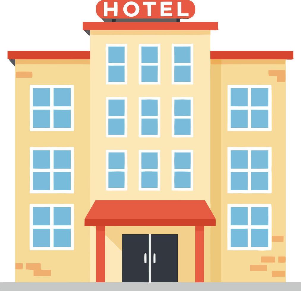 Hotel building with flat design showcasing welcoming entrance and bright colors in a cheerful urban setting, ideal for travel illustration vector