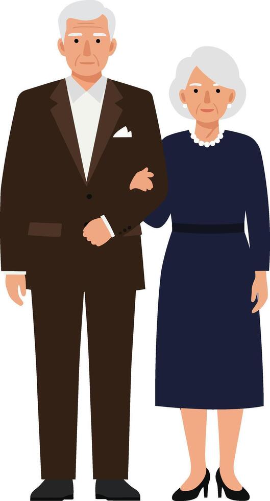 Elderly couple standing together in a loving embrace, dressed elegantly in minimal flat design art vector