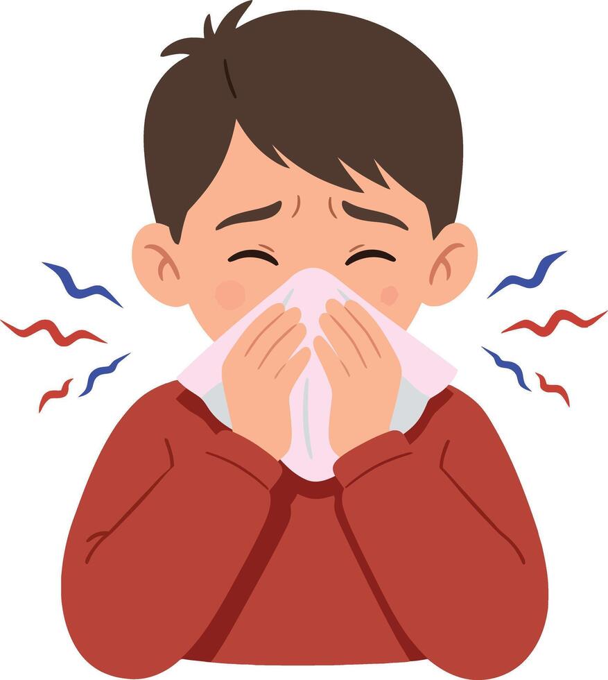 Young boy with a tissue in hand, showing signs of illness in a flat, colorful design style, illustration vector