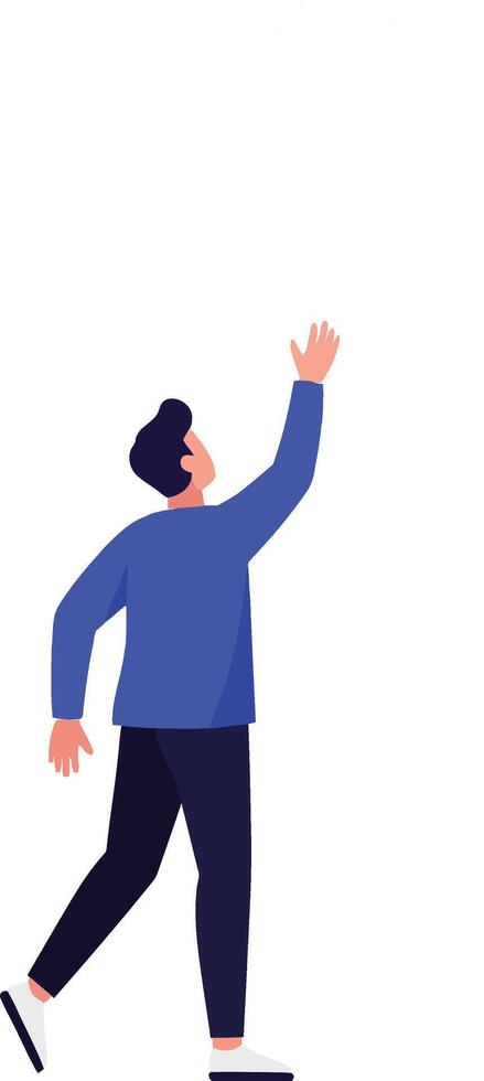 A young man in a blue shirt walking confidently while raising his hand in a minimal, modern style illustration vector