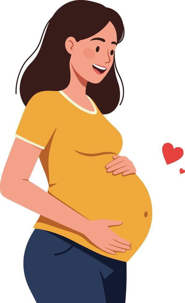 Pregnant woman in a joyful pose wearing a yellow shirt with heart symbols in a flat and cheerful illustration vector