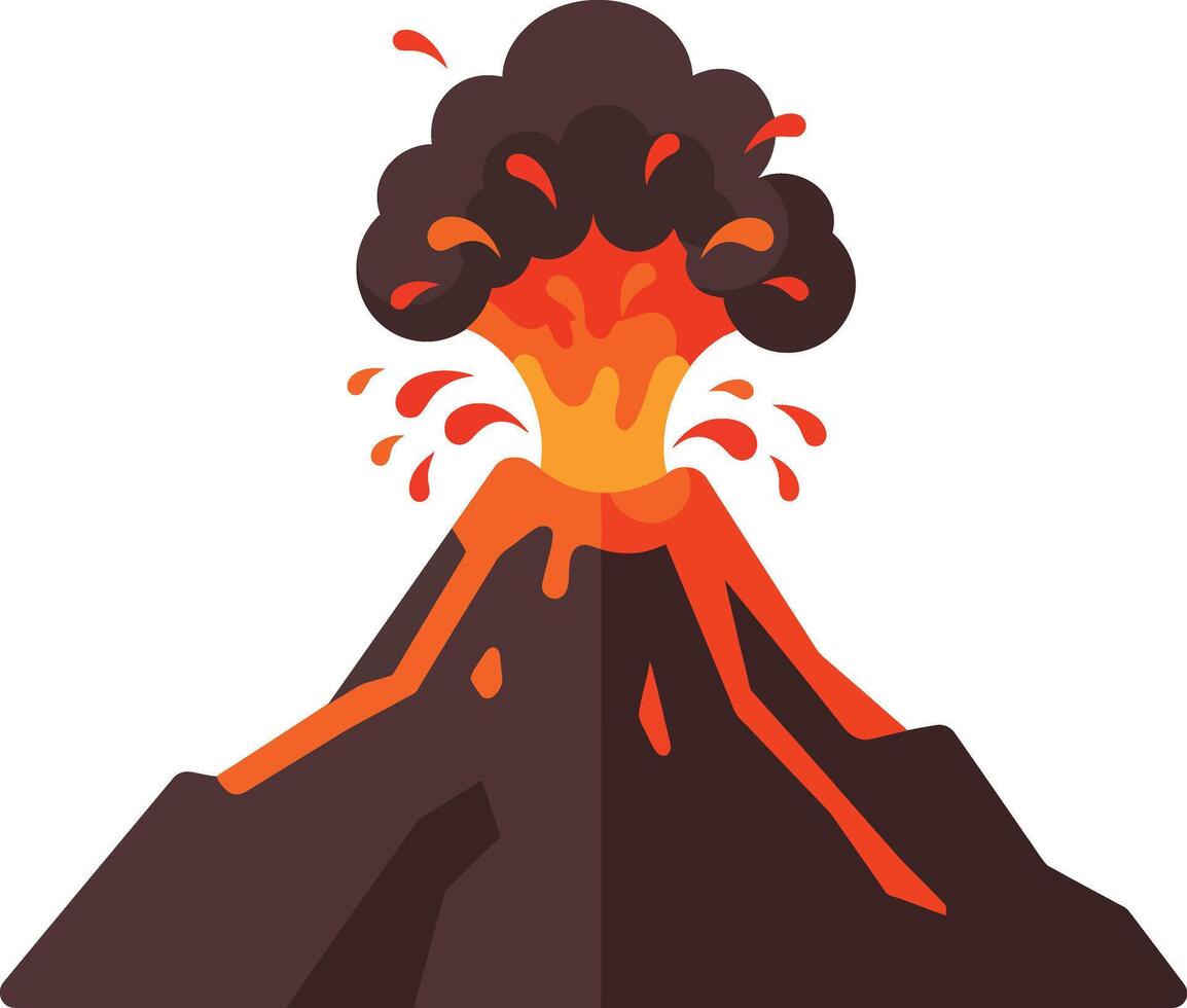 Erupting volcano spewing lava and ash in a dramatic scene, showcasing vibrant colors in a flat design art vector
