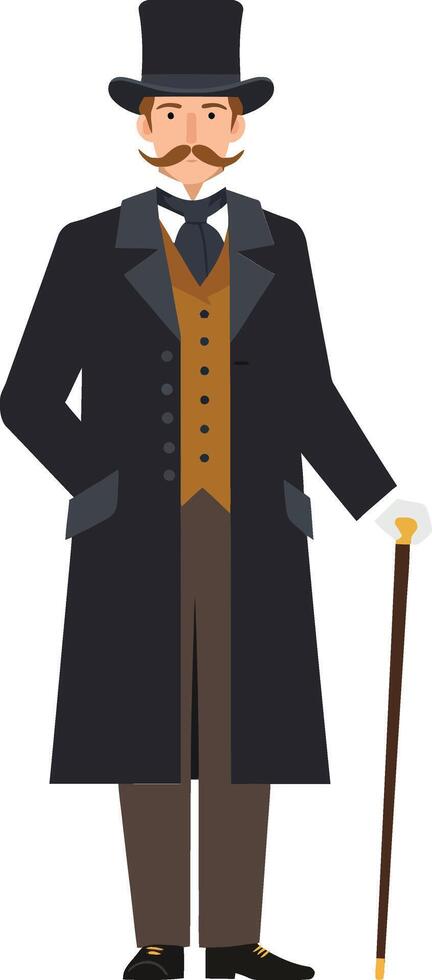 Elegant gentleman dressed in a vintage coat and top hat, standing confidently with a cane, flat illustration vector