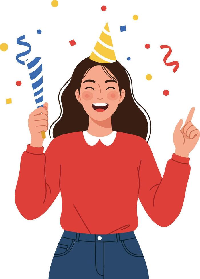 Happy young woman celebrating with party hat and confetti in a vibrant flat illustration vector