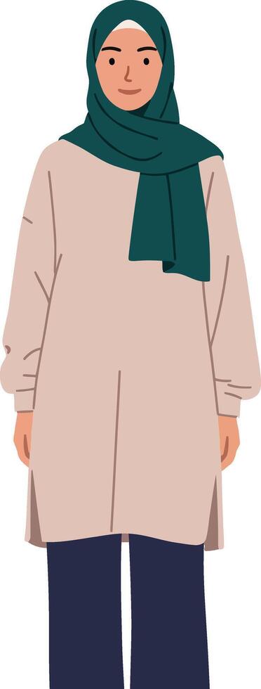 A young woman wearing a hijab in a long tunic and loose pants, showcasing a minimal style in art vector