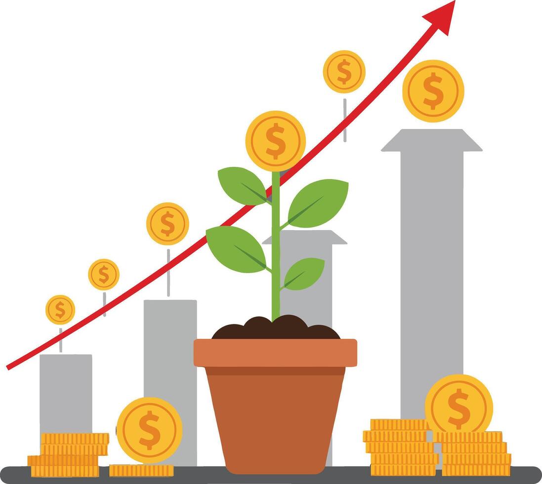 A thriving green plant growing from a brown pot with gold coins and ascending bar graphs in a flat illustration vector
