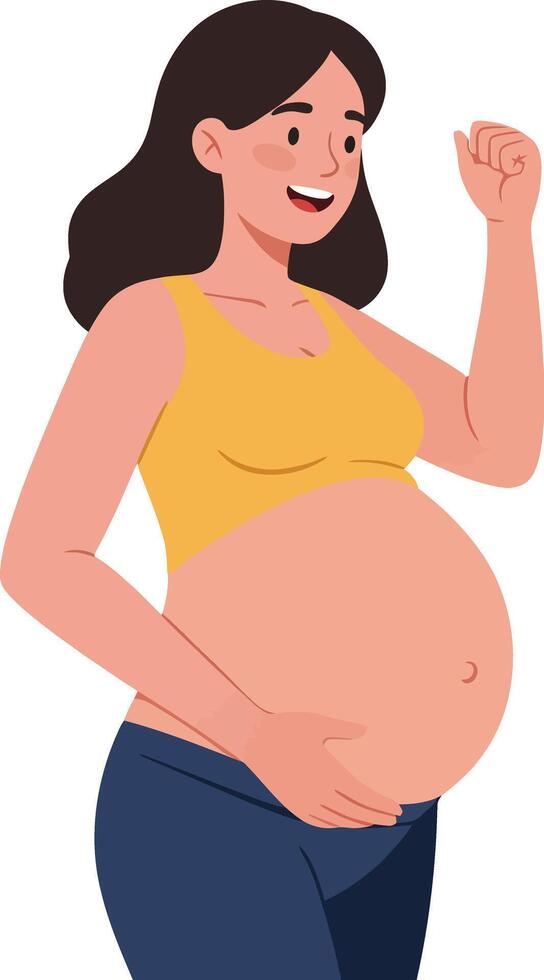 Pregnant woman in a joyful pose wearing a yellow top and blue jeans, showcasing excitement and happiness in a flat illustration vector