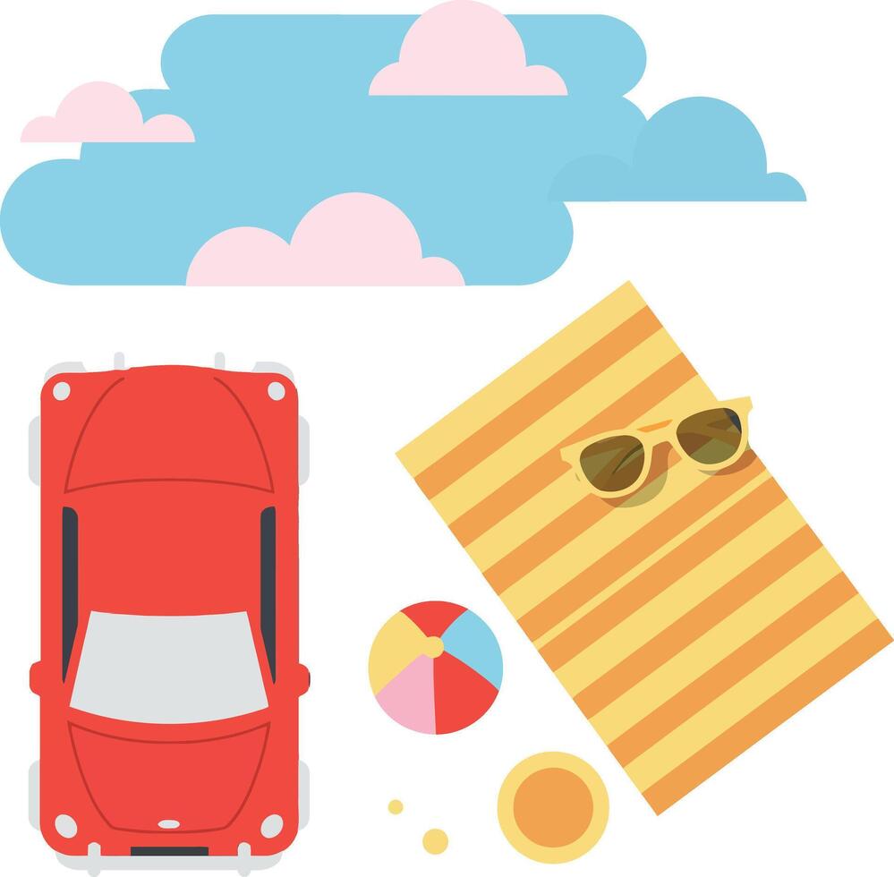 Red convertible car parked beside a striped beach towel, colorful beach ball, and sunglasses under a sunny blue sky in flat art vector