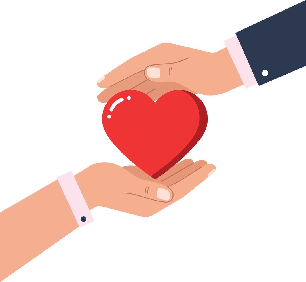 Two hands gently exchanging a bright red heart symbol in a minimalist flat design representing love and connection in art vector