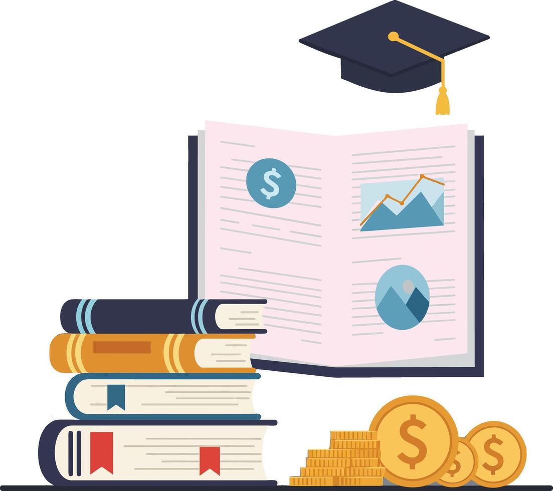 A stack of colorful books beside a financial report and gold coins, featuring a graduation cap, in a minimal illustration style vector