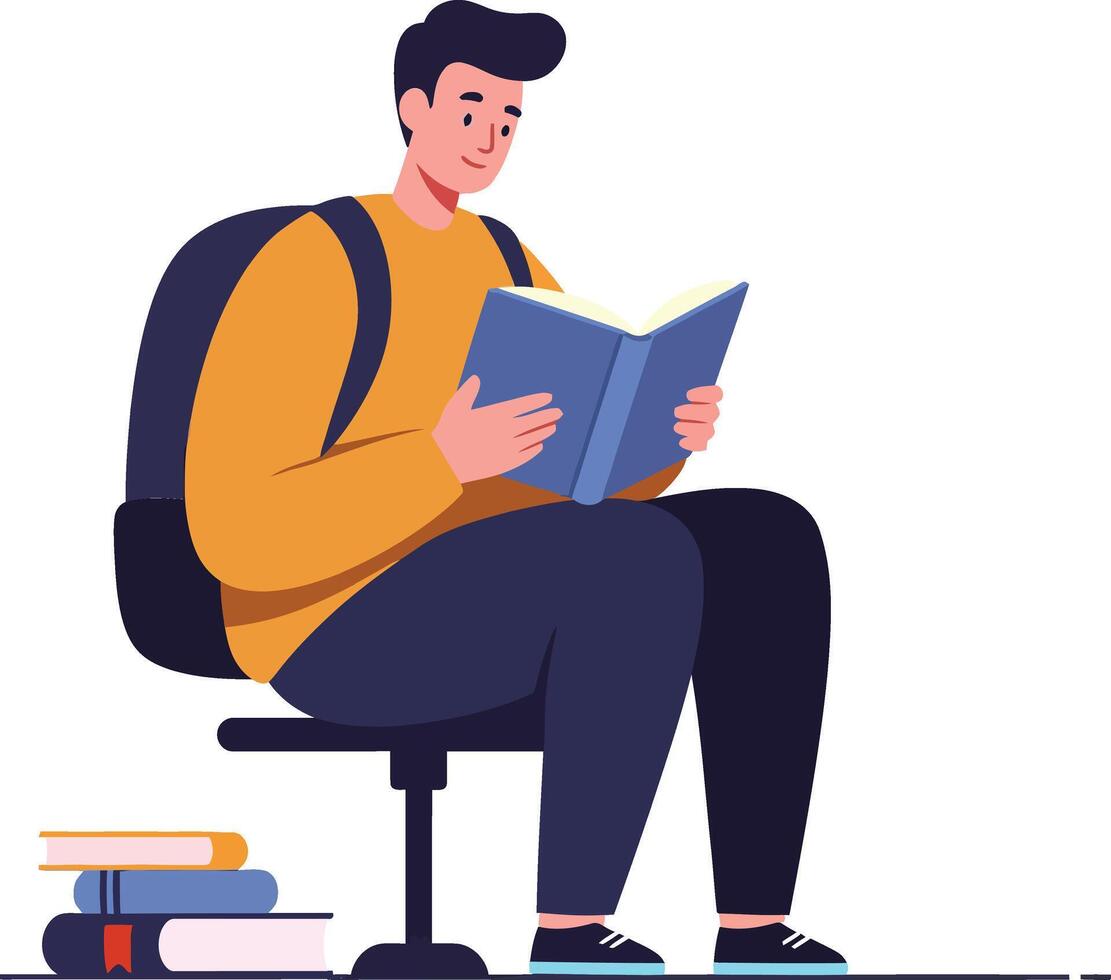 Young man sitting on a chair reading a book with a backpack on, in a minimal and colorful style, illustration vector