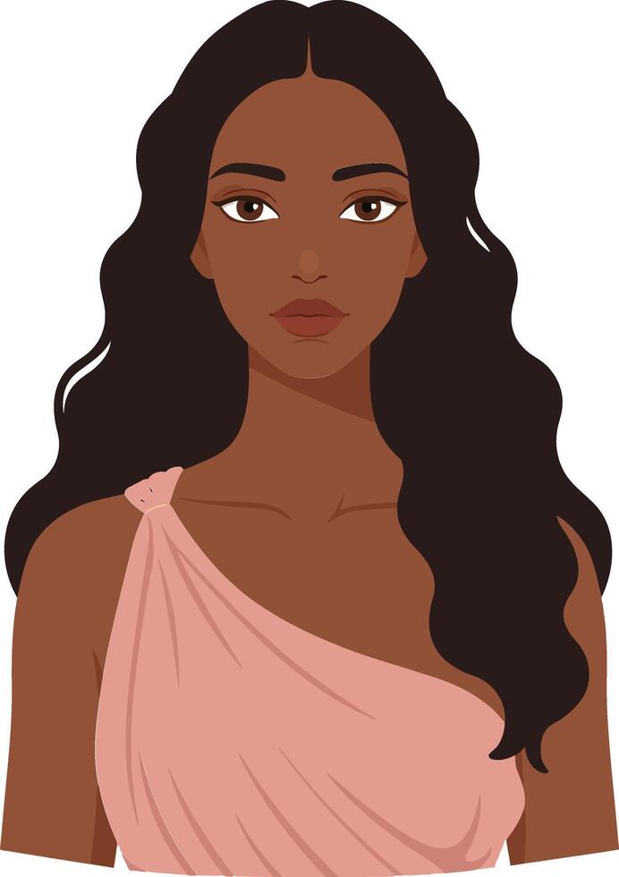 Elegant woman with long dark hair in a flowing pink dress, flat design art showcasing beauty and confidence in a minimal style illustration vector
