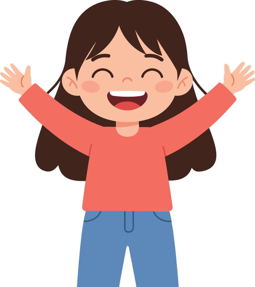Happy young girl with brown hair and joyful expression wearing a red shirt and blue jeans in flat art vector