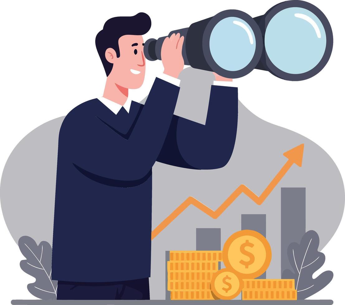 Businessman looking through binoculars at financial growth chart in flat art vector