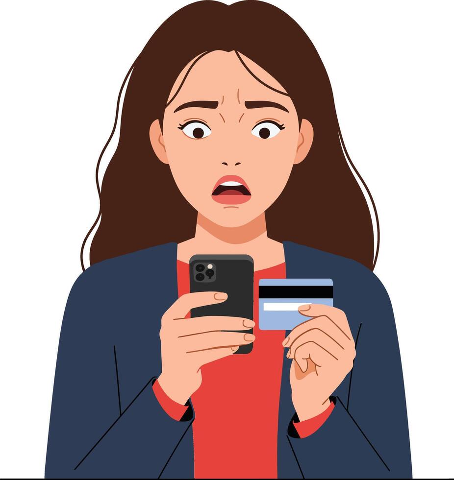 Concerned woman holding a smartphone and credit card in a flat, minimal design illustration depicting surprise and worry over a financial transaction. vector
