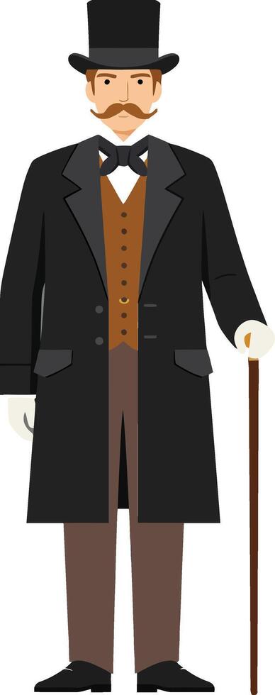 A distinguished gentleman in a top hat and formal attire, standing confidently with a cane, illustrated in a minimal and modern design style, art vector