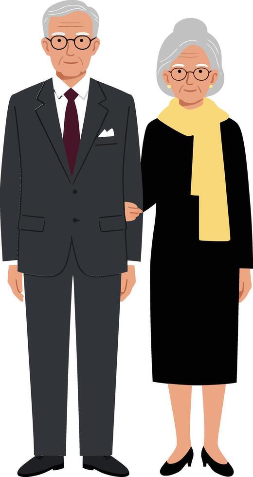 Elderly couple standing together in formal attire with glasses, minimal design style, showcasing love and companionship in illustration vector