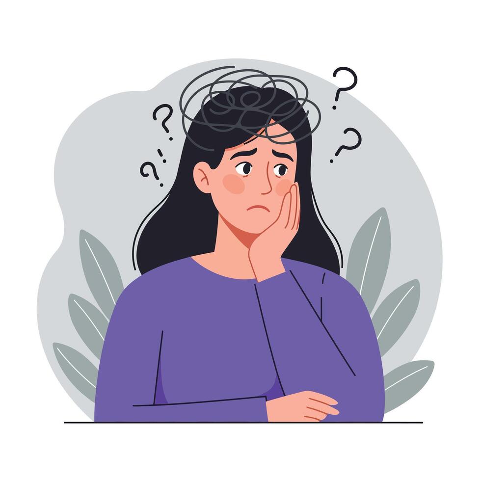 A worried woman with dark hair resting her chin on her hand, surrounded by swirling question marks in a flat illustration vector