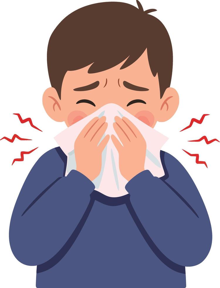 A young boy with a sad expression sneezing into a tissue in flat art style, conveying feelings of discomfort and illness in a simple design vector
