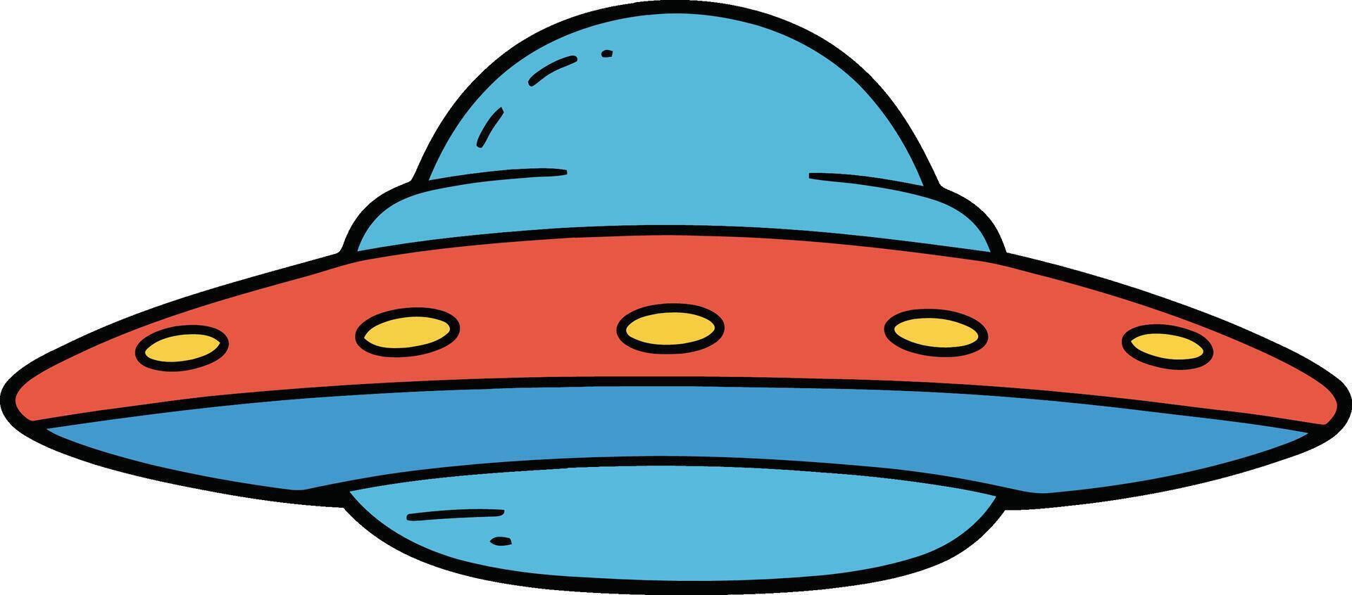 A colorful flying saucer in a flat design style featuring a blue body and red accents with yellow lights, illustrated as art vector