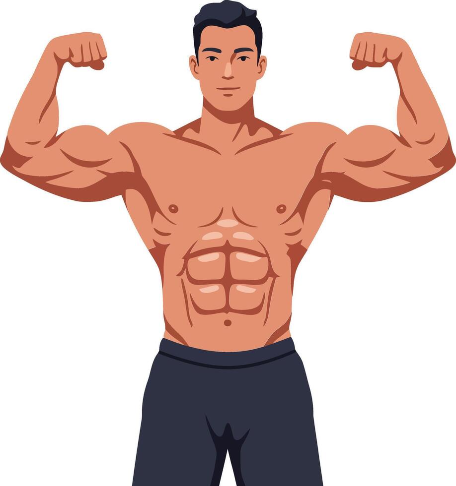 Strong muscular man flexing his biceps in a flat design style showcasing fitness and confidence in illustration vector