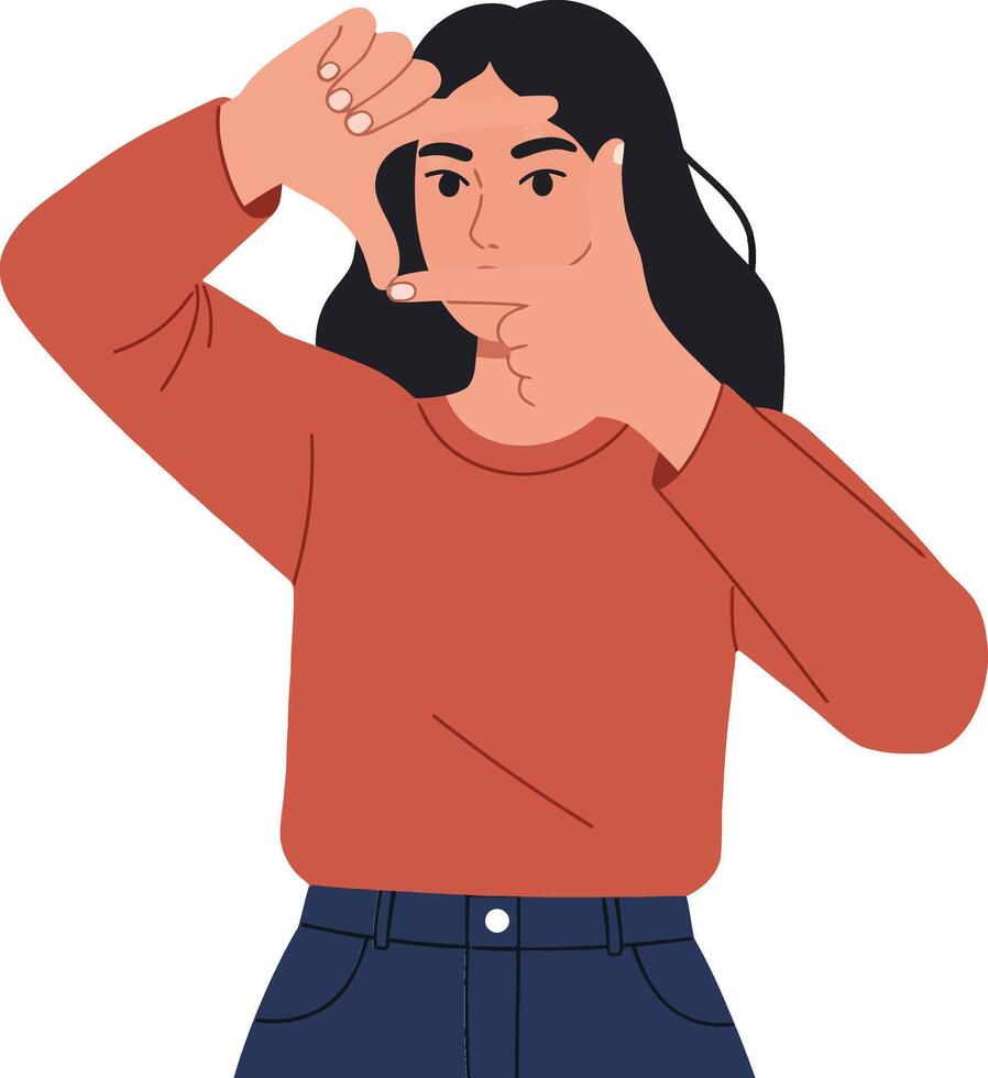 A young woman in a red sweater framing an imaginary scene with her hands in a minimal flat design illustration vector