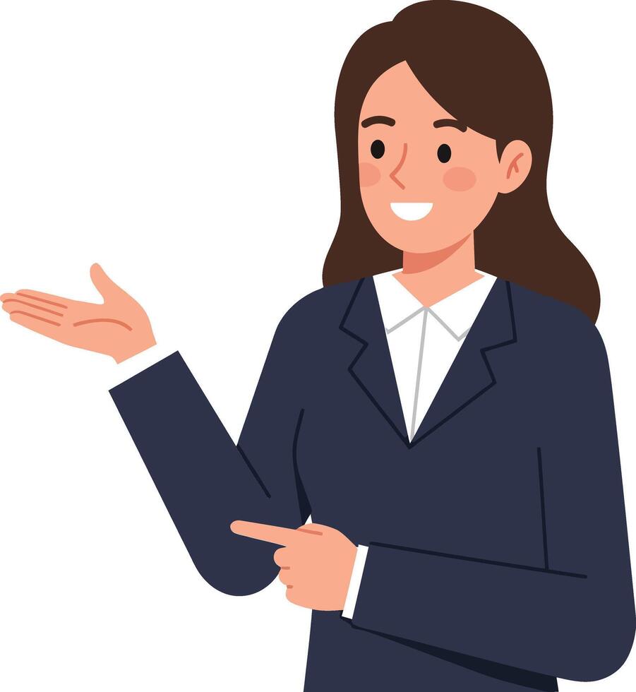Professional woman in dark suit presenting with a smile, minimal flat design illustration vector