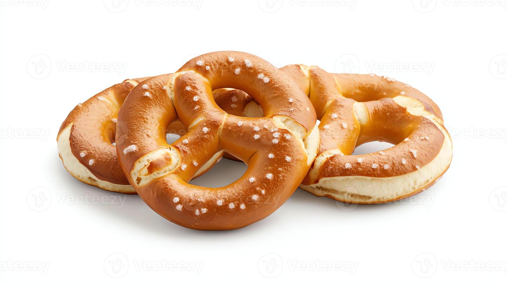 A close-up of three freshly baked pretzels, perfectly golden brown with a sprinkle of salt, placed on a clean white background. Ideal for food blogs, recipes, or snack promotions. photo