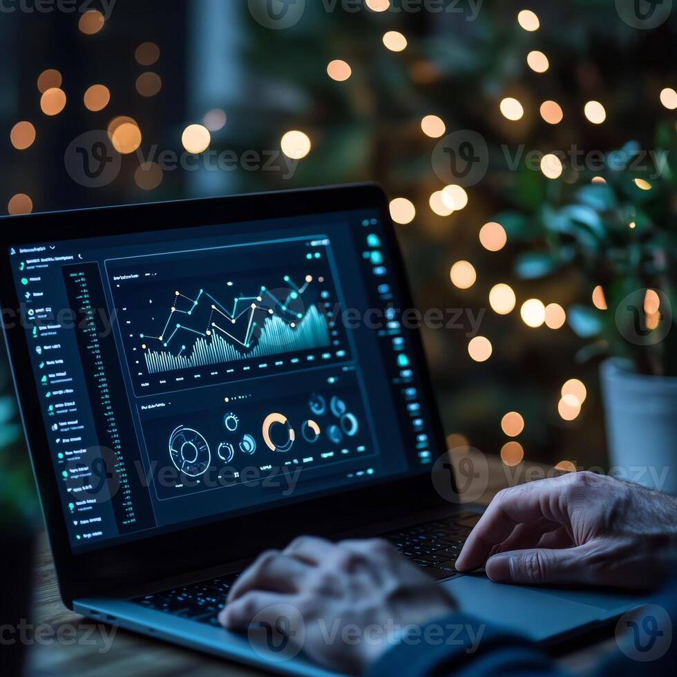 A person analyzing data on a laptop screen, showcasing various graphs and statistics photo