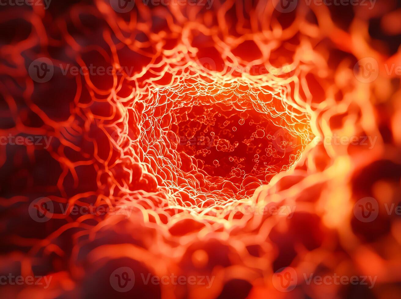 A detailed close-up view of a complex network of cells, showcasing vibrant red hues. This image highlights the intricacies of biological structures at a microscopic level. photo