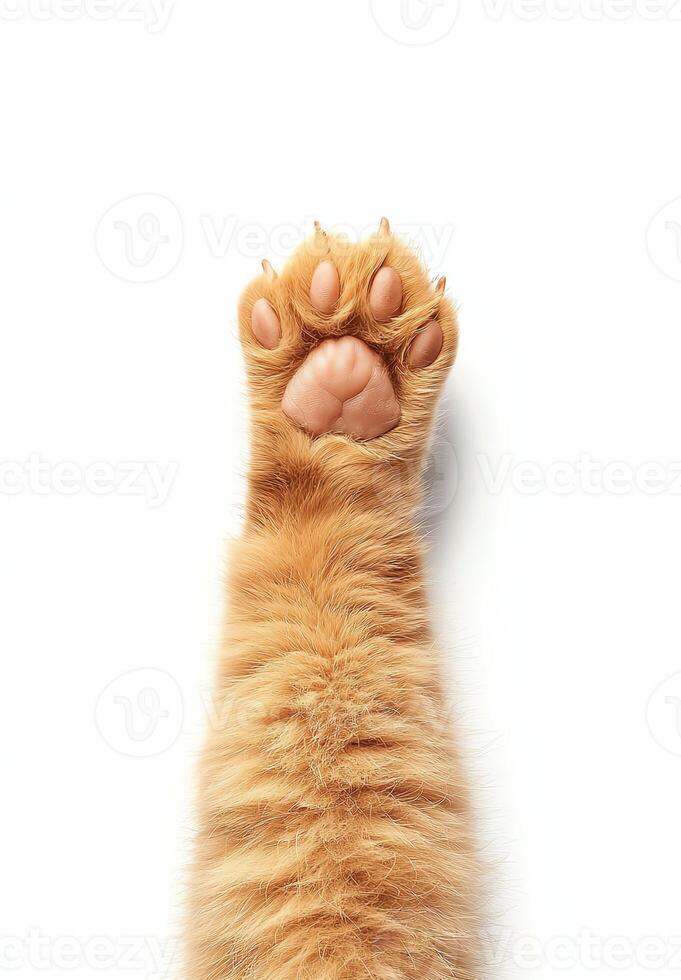 A close-up of an orange cat's paw reaching upwards against a white background, showcasing the delicate structure of its claws and soft fur. Perfect for pet-themed projects. photo