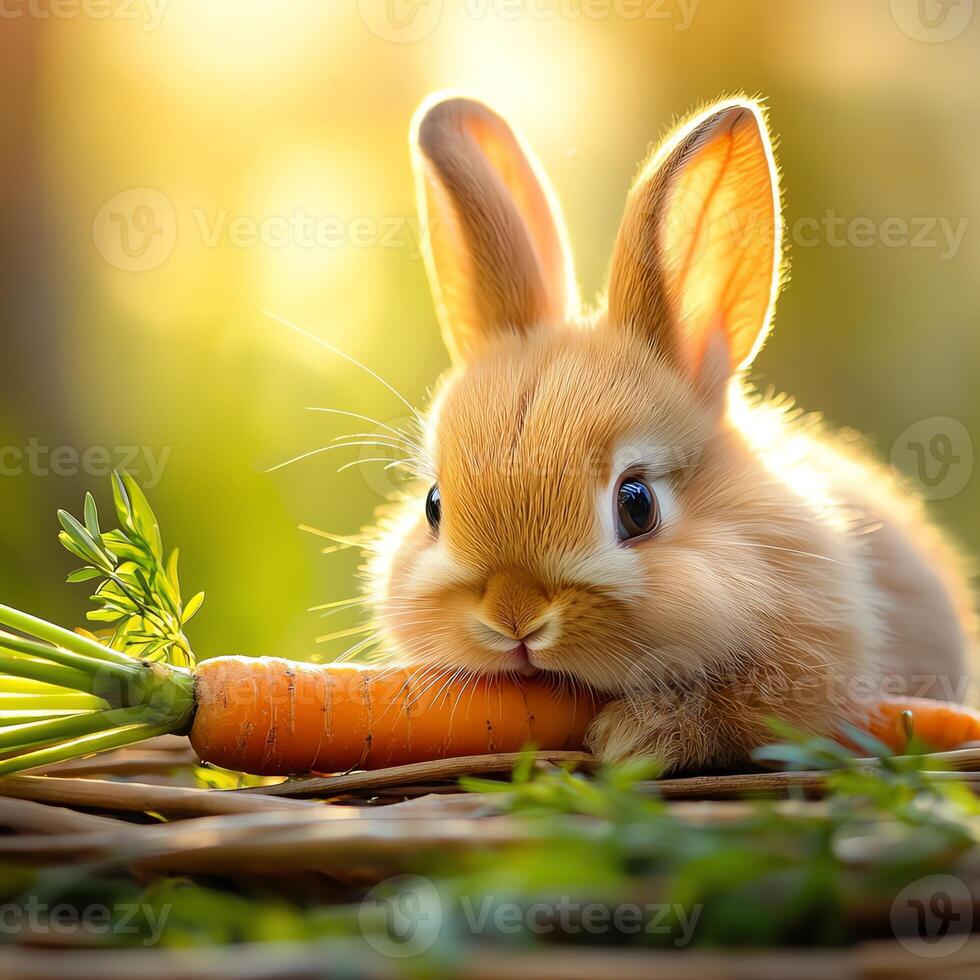 A cute, fluffy rabbit rests next to a fresh carrot, basking in warm sunlight. This adorable scene captures the essence of a peaceful moment in nature, perfect for animal lovers. photo