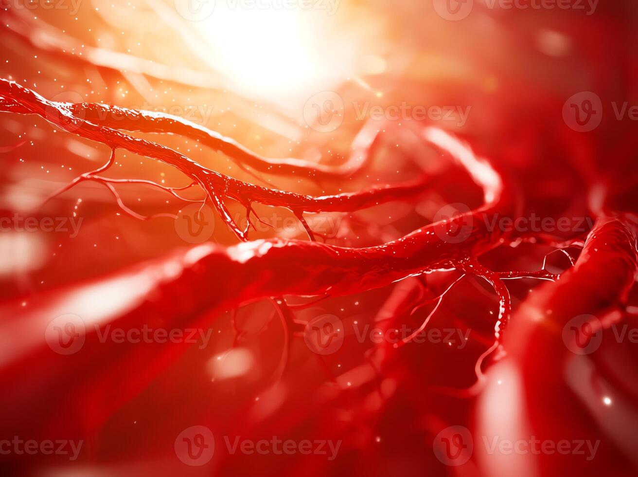 This vivid close-up image showcases intricate red blood vessels, illuminated by soft light photo