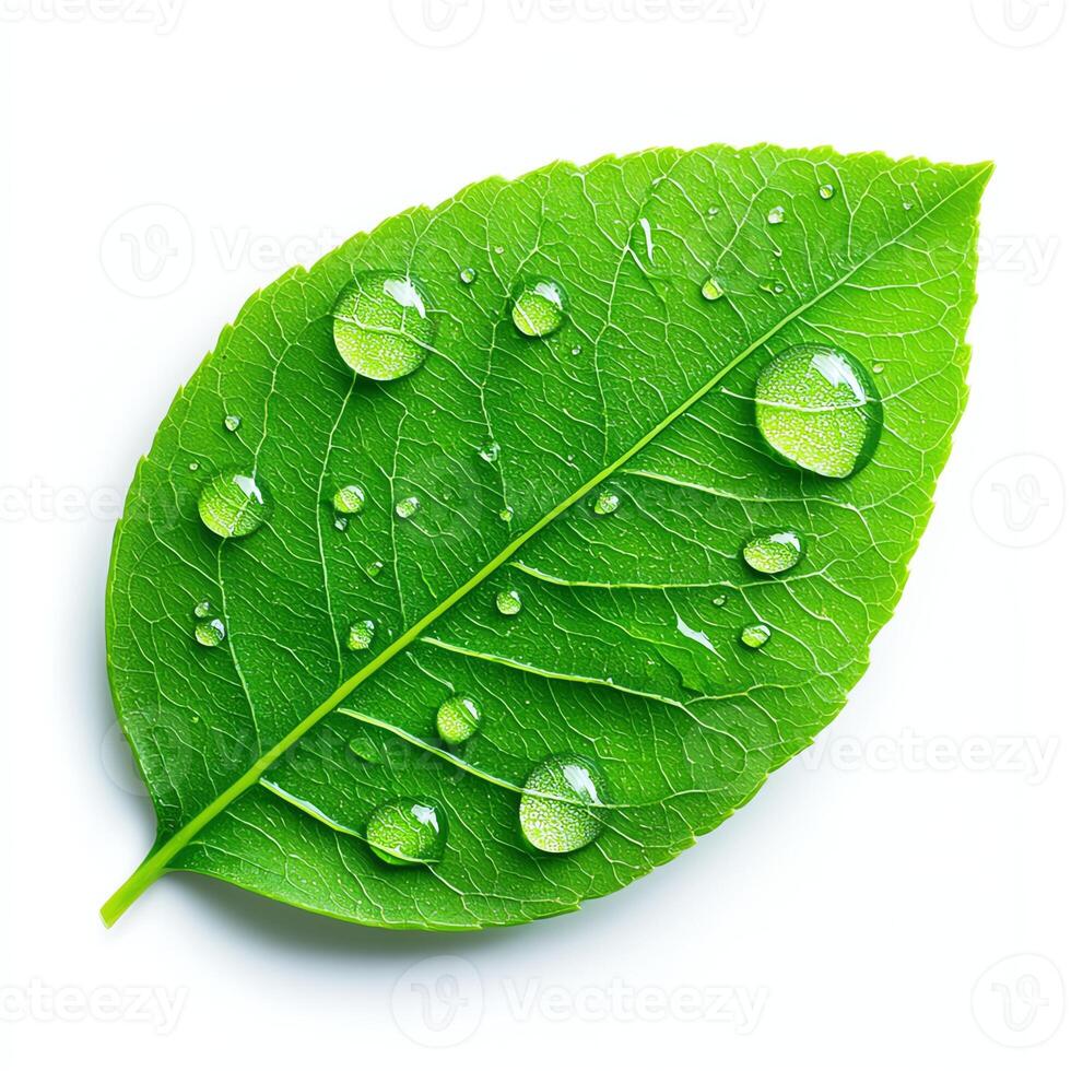 A fresh green leaf adorned with droplets of water, symbolizing nature's purity and vitality photo