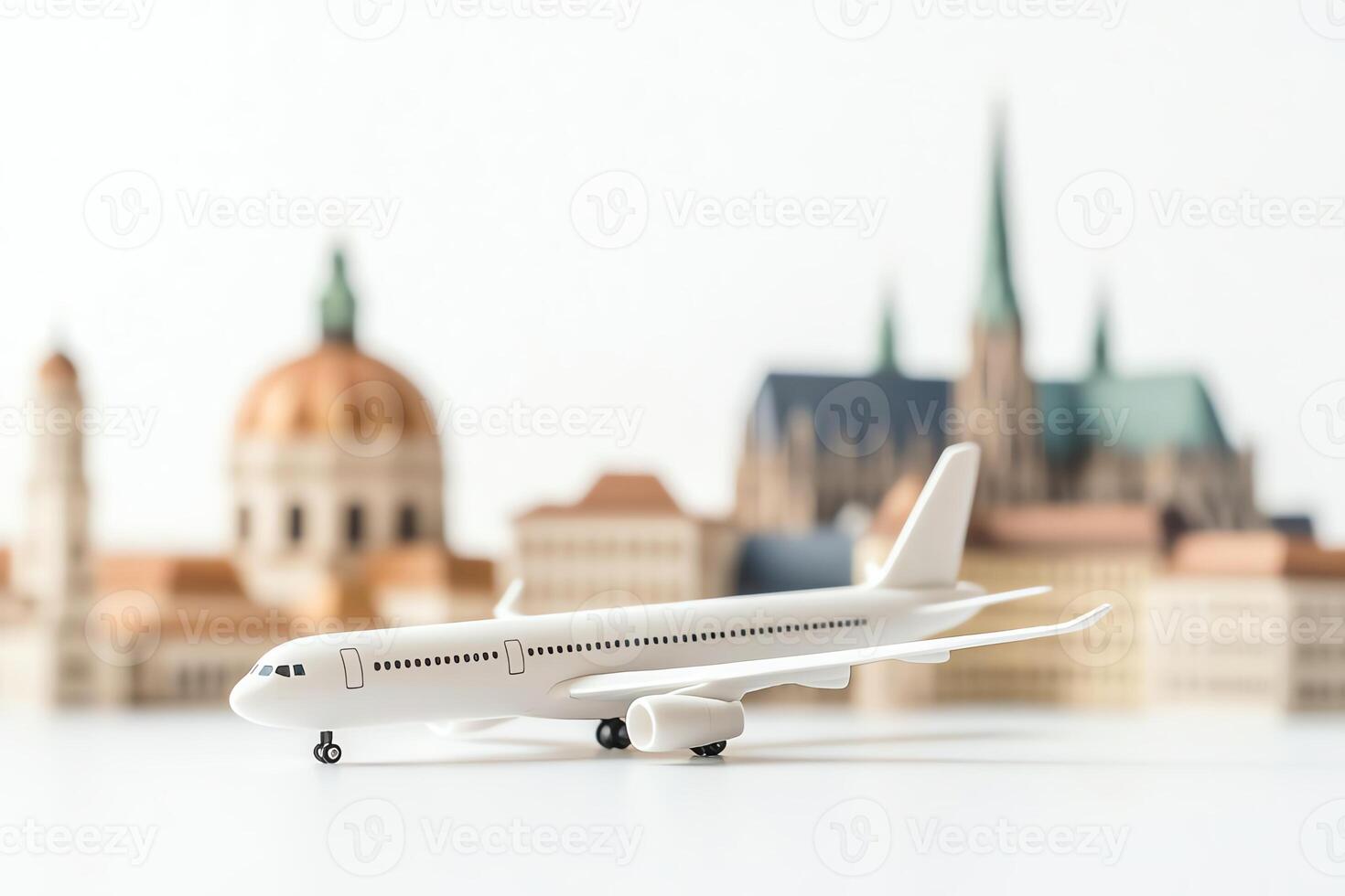 A detailed image of a miniature airplane in front of iconic architectural landmarks. This composition highlights travel and exploration, perfect for aviation and tourism themes. photo