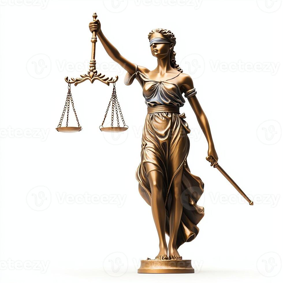 A detailed bronze statue of Lady Justice, blindfolded, holding a scale and sword. This representation symbolizes fairness, law, and the balance of justice in a society. photo