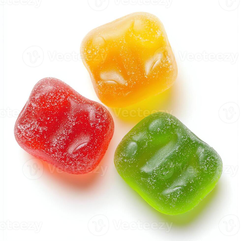 Three colorful gummy candies sit on a white background, showcasing their vibrant hues of red, yellow, and green. Perfect for capturing the essence of sweetness and fun. photo