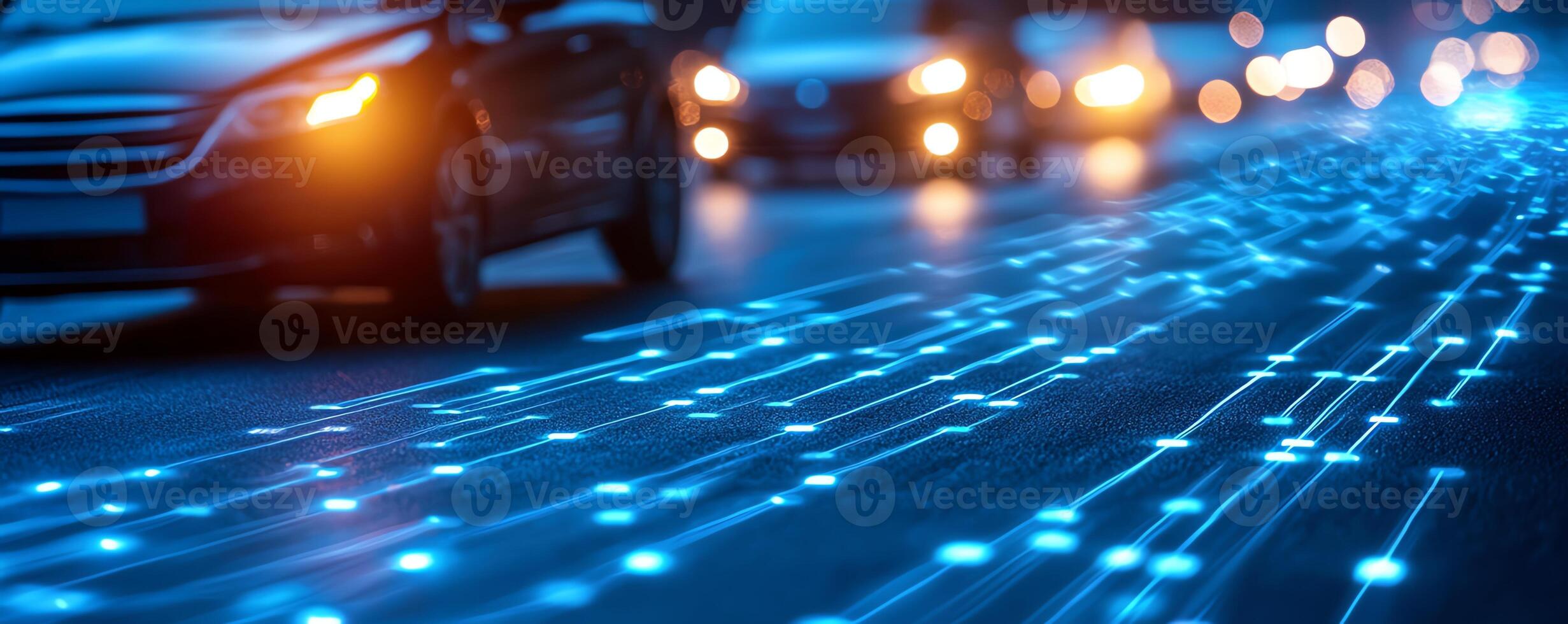 A dynamic urban scene showcasing modern vehicles on a highway at night, illuminated by vibrant blue light trails, symbolizing speed and technology in transportation. photo