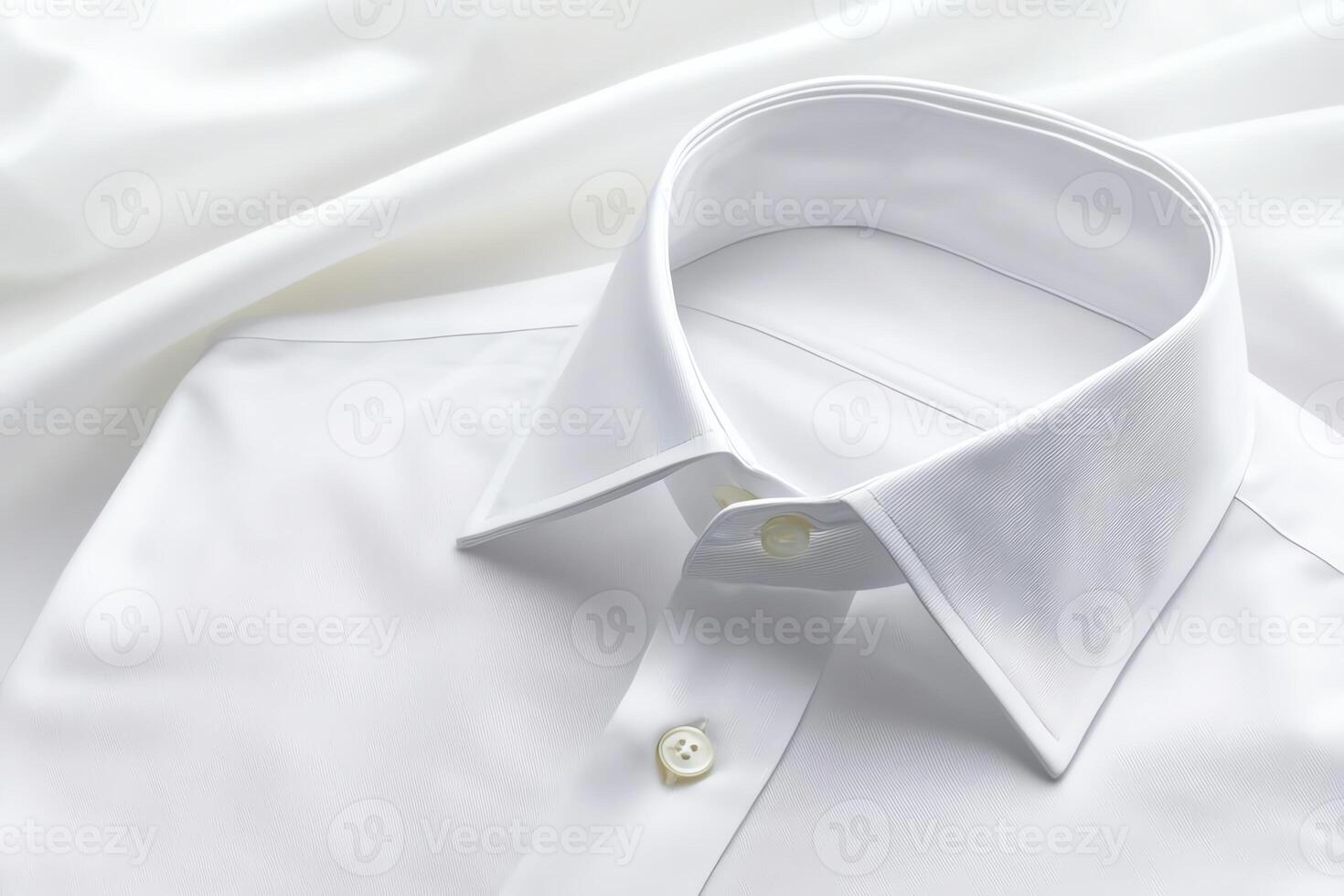 A close-up view of a crisp, white dress shirt collar laid on smooth fabric, showcasing elegance and simplicity in formal attire. photo