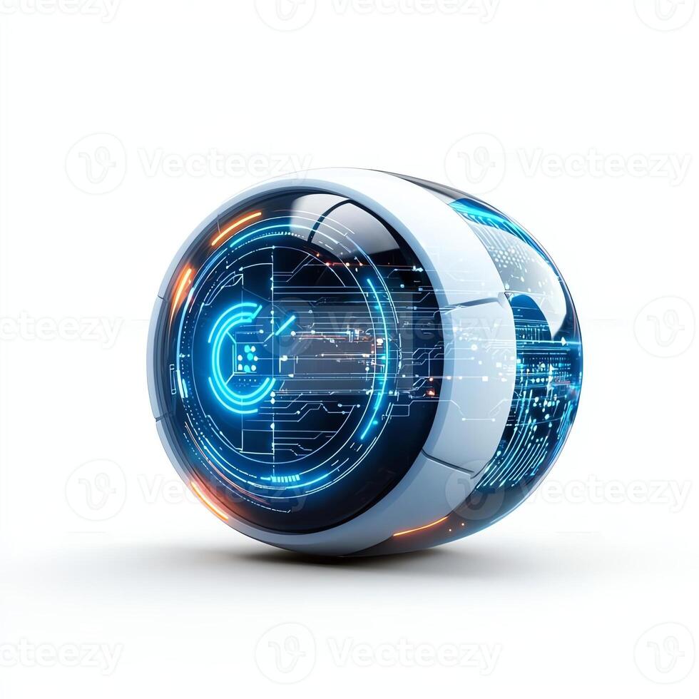 A futuristic digital sphere with vibrant blue circuitry design, representing advanced technology and innovation. Ideal for showcasing concepts related to digital transformation. photo