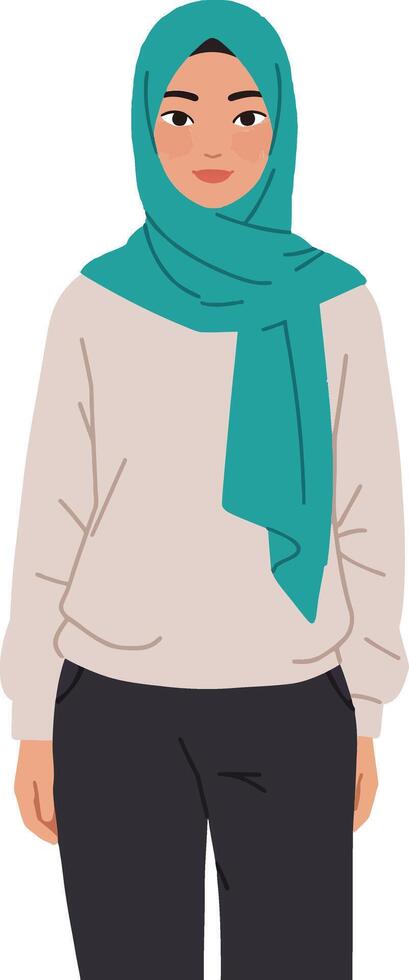 Young woman wearing a teal hijab and beige sweater standing confidently, showcasing a minimalistic and modern flat design art vector