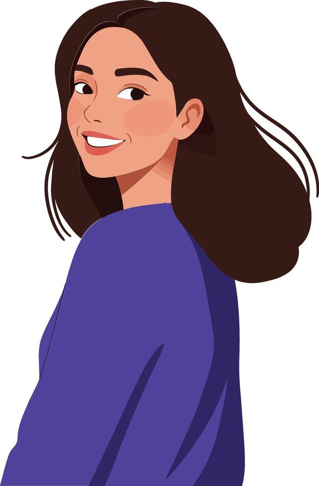 Cheerful young woman with long brown hair smiling and looking back, depicted in a flat design style, illustration vector