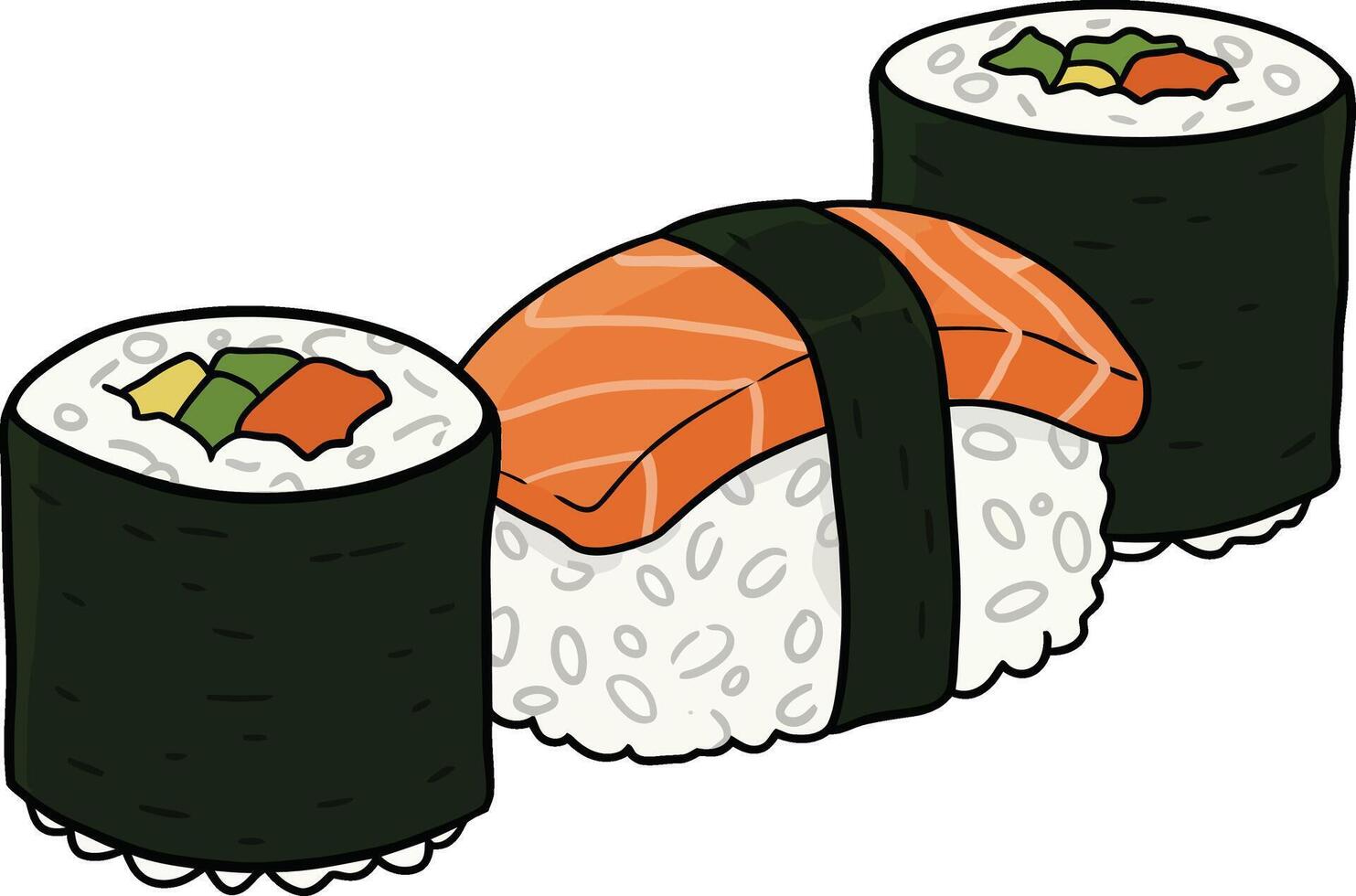 Sushi rolls and sashimi with vibrant colors in a minimal flat design style showcasing delicious food art vector