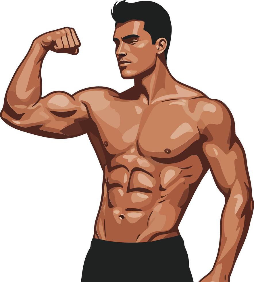 Strong athletic man flexing his bicep in a confident pose, minimal design showcasing muscular physique in vibrant colors, art vector