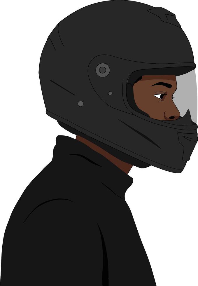 Profile view of a motorcyclist wearing a sleek black helmet and jacket in a minimalistic flat design illustration vector