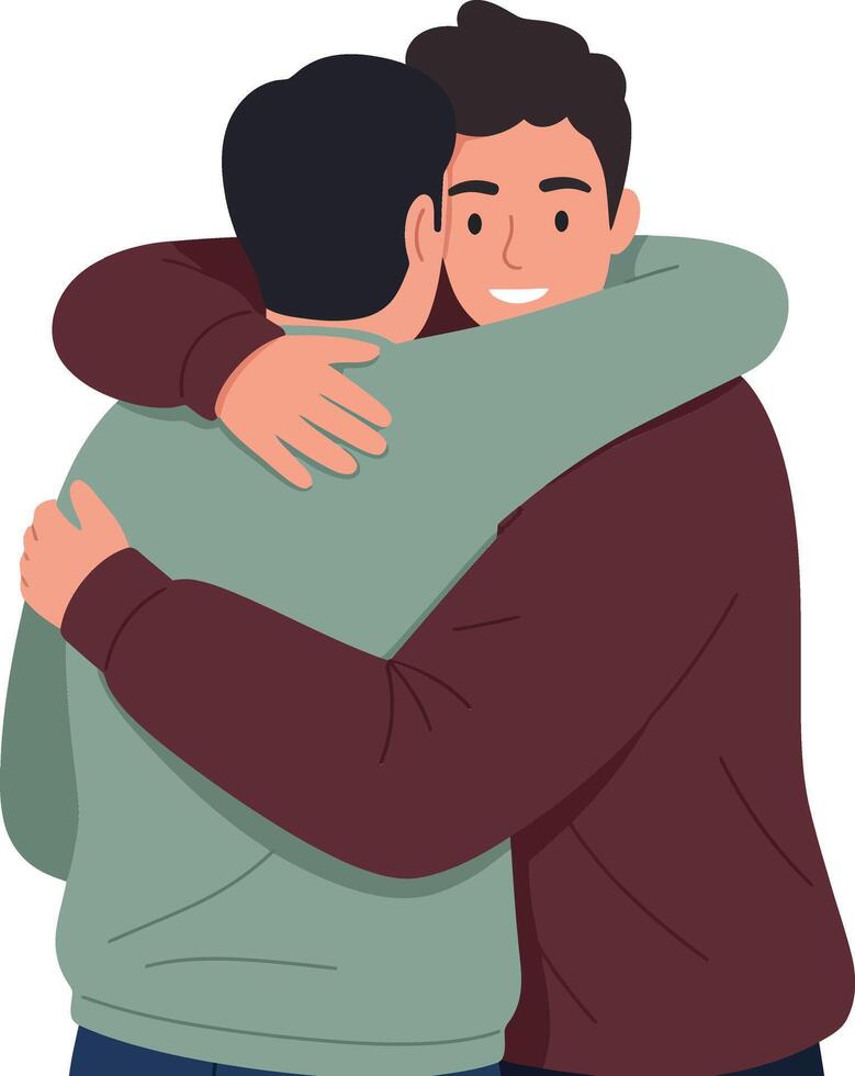 Two friends embracing warmly in a minimal style, showcasing camaraderie and joy, depicted in vibrant colors, illustration vector