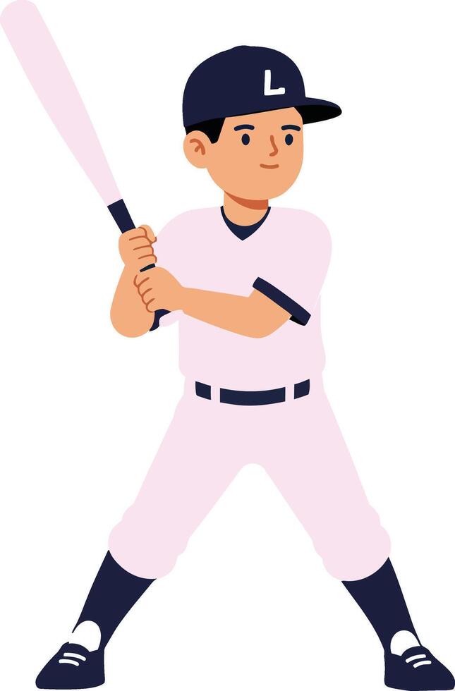 Young boy in baseball uniform holding a bat with determination in a flat illustration style showcasing sporty energy and enthusiasm in a playful setting art vector