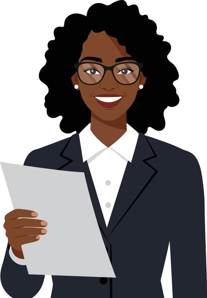 Confident businesswoman in a tailored suit holding a document with a smile in detailed flat art vector