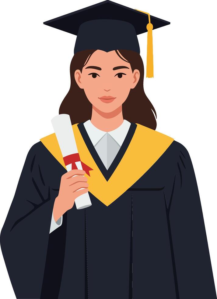Graduate woman proudly holding her diploma in a black cap and gown with a yellow collar, flat illustration celebrating academic achievement and success vector