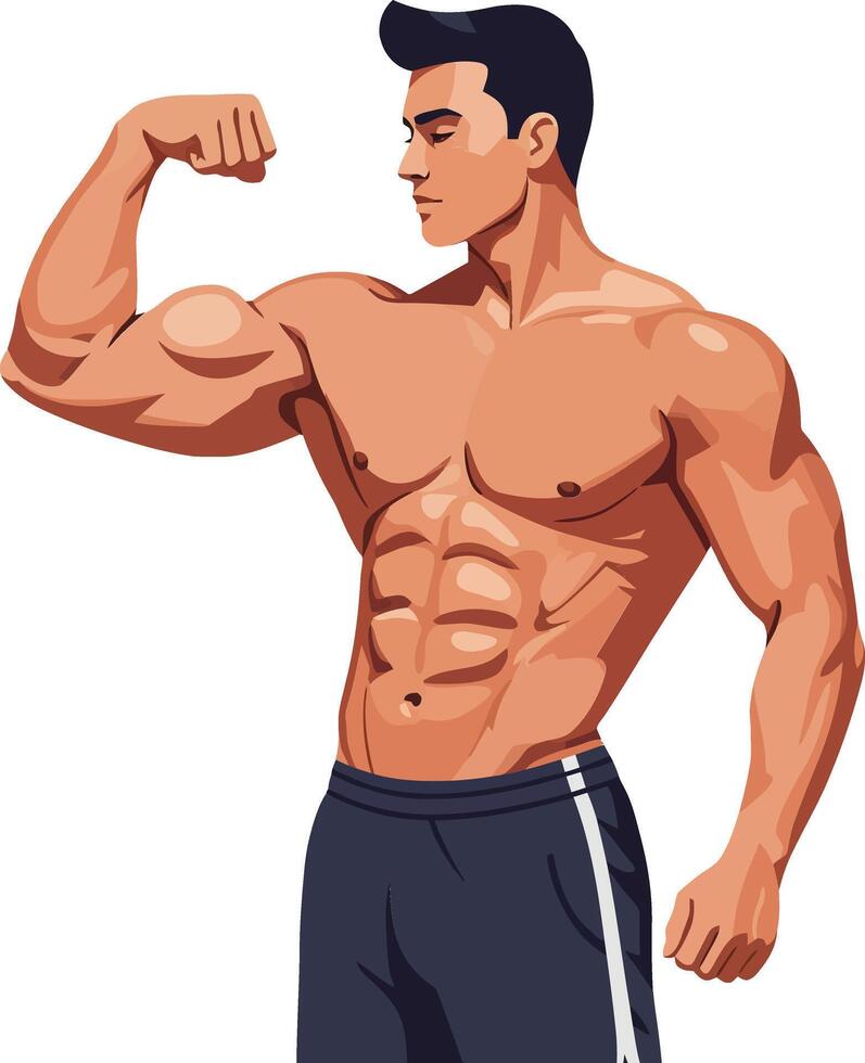 Athletic man flexing his bicep in a confident pose showcasing muscular definition in a minimal and modern style illustration vector